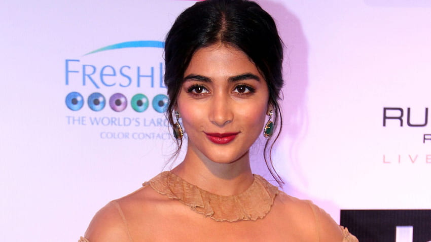 Smiling Actress Pooja Hegde Is Standing In Advertisement Poster Background Wearing Light Peach Color Dress Girls HD wallpaper