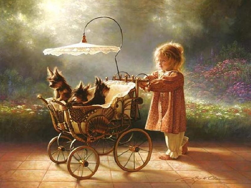 Taking her Babies for a Walk, little girl, patio, trees, puppies, flowers, baby carriage HD wallpaper