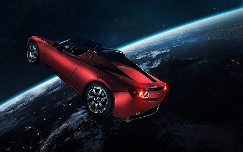 Tesla Roadster de Elon Musk, Tesla en el espacio, coche rojo, tierra, horizonte, espacio, logotipo de Tesla fondo de pantalla