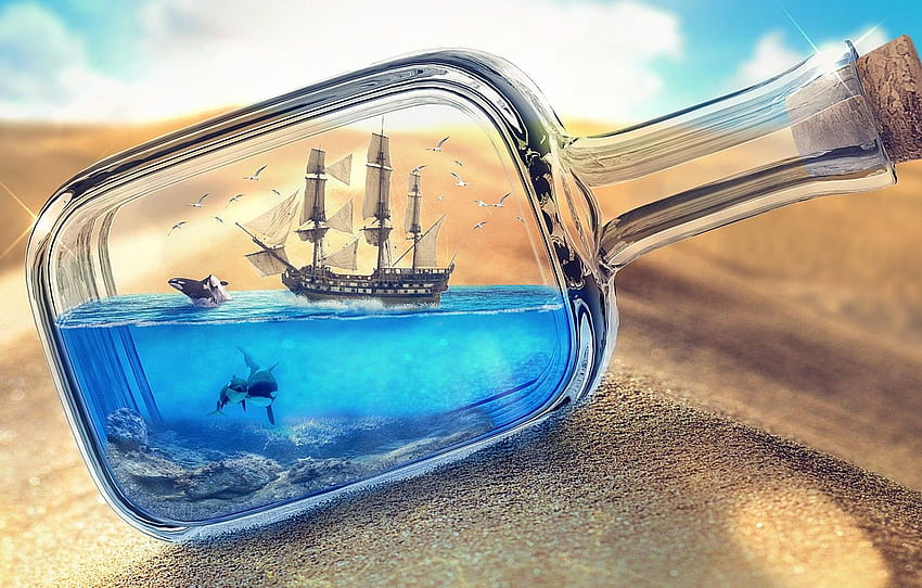 sand, sea, desert, ship, bottle, art, ship in a bottle, sea in the bottle for , section разное HD wallpaper