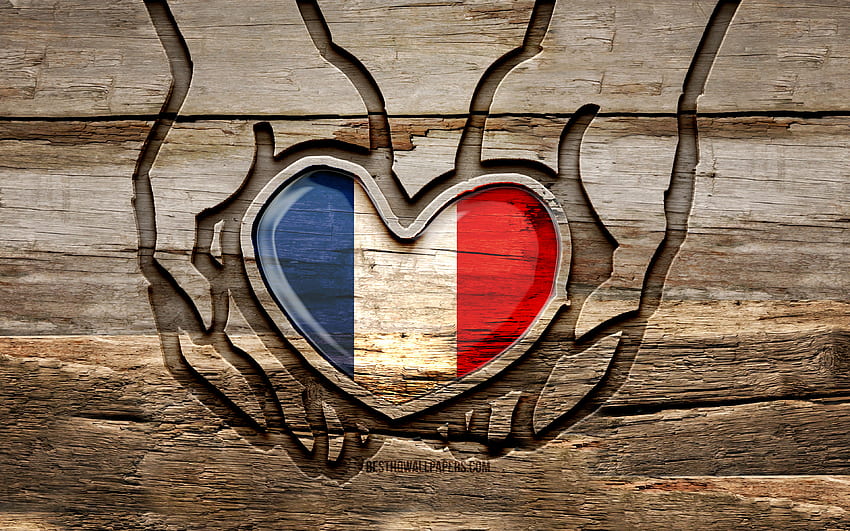 Kocham Francję, drewniane rzeźbione ręce, Dzień Francji, Flaga Francji, kreatywny, Flaga Francji, Flaga Francji, Flaga Francji w ręku, Uważaj na Francję, rzeźbienie w drewnie, Europa, Francja Tapeta HD