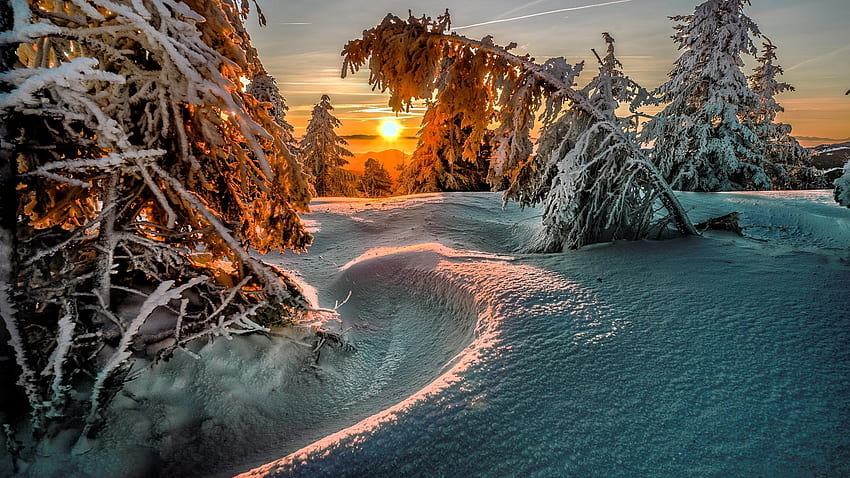 Sunset, fiery, snow, winter, beautiful, Beautiful Winter Sunset HD ...