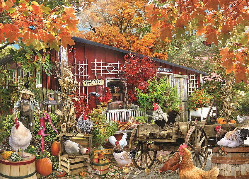 Barnyard Chicken, scarecrow, birds, hens, colors, pumpkins, cases, painting, butterfly, trees, autumn, rooster, cart, poultry, barn, fall, artwork, leaves, barrels HD wallpaper
