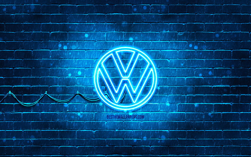 Синьо лого на Volkswagen, синя тухлена стена, ново лого на Volkswagen, марки автомобили, лого на VW, неоново лого на Volkswagen, лого на Volkswagen 2021, лого на Volkswagen, Volkswagen HD тапет