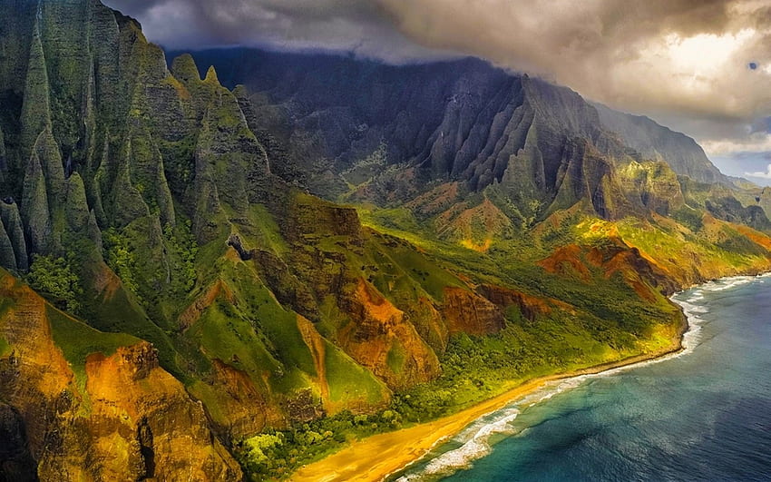 nature, Landscape, Aerial View, Mountains, Beach, Sea, Cliff, Clouds, Coast, Island, Kauai, Hawaii / and Mobile Background HD wallpaper