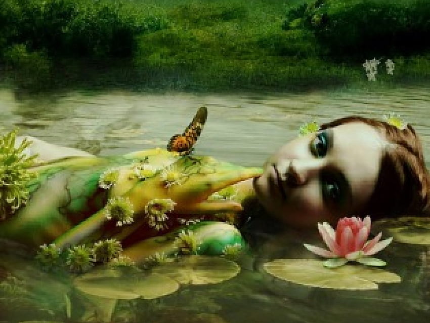 마법의 연못, 소녀, 꽃, 물, 백합 HD 월페이퍼
