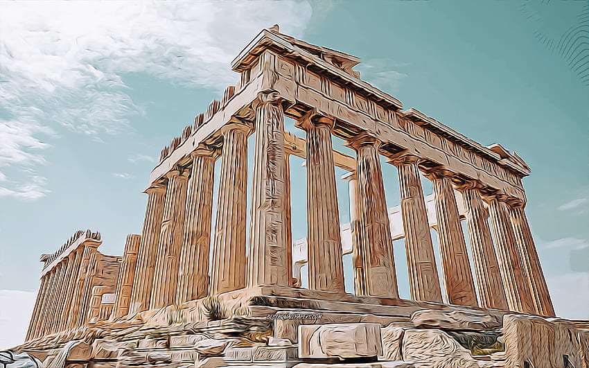 Parthenon, , pemandangan kota abstrak, seni vektor, landmark Yunani, kreatif, tempat wisata Yunani, Parthenon, Akropolis Athena, Yunani, Eropa, Athena Wallpaper HD