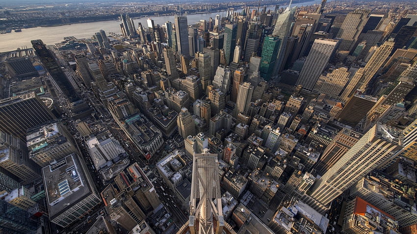 височина на небостъргач изглед към центъра на Манхатън, река, небостъргачи, град, улици, изглед HD тапет