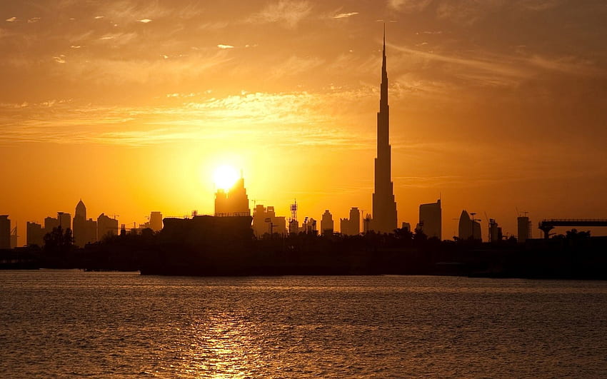 Miasta, Woda, Domy, Zachód słońca, Dubaj, Drapacze chmur, Wieża, Wieże, Burdż Chalifa Tapeta HD