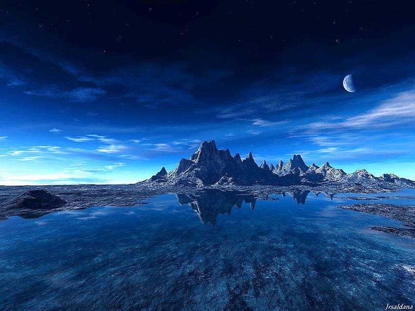 Нощно синьо, нощ, синьо, луна, облаци, вода, планина HD тапет