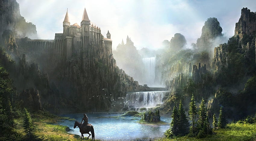 Fantasy, Mountains, Lock, Waterfall, Greens, Horseman, Rider HD wallpaper