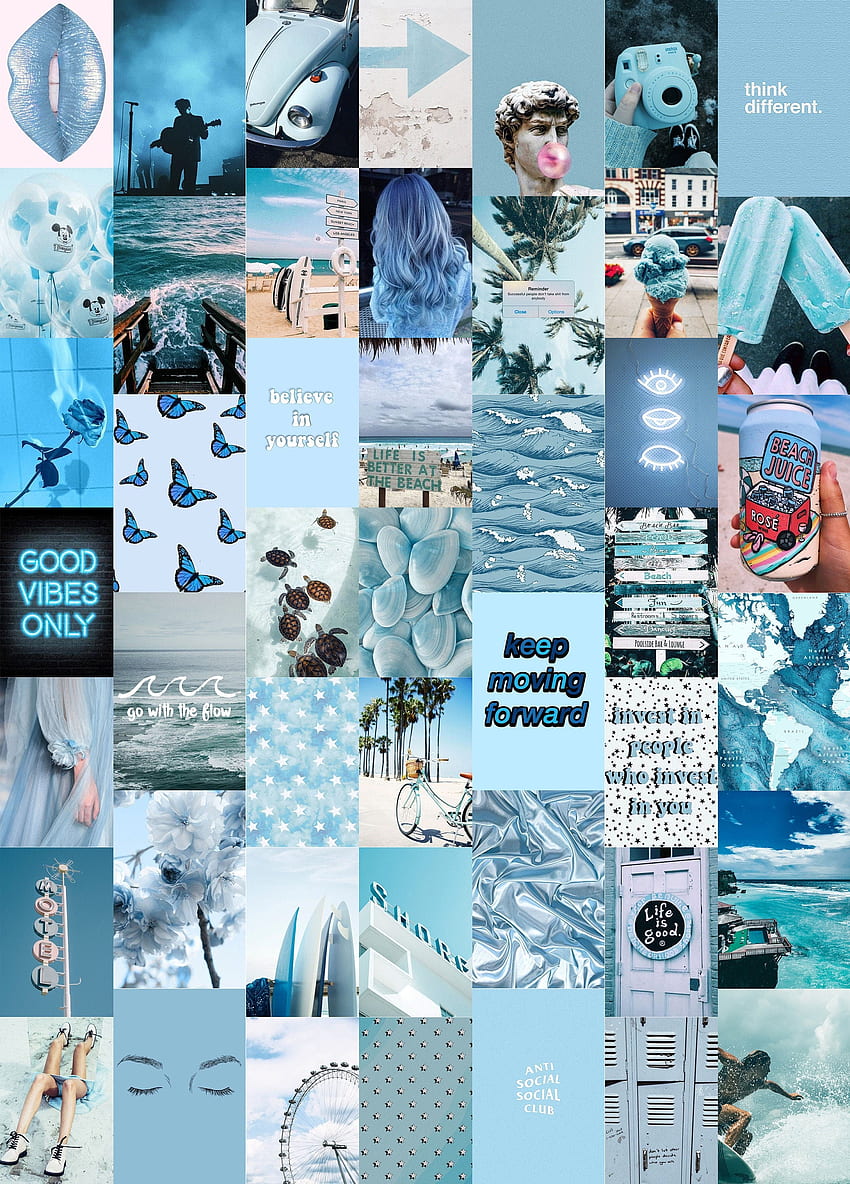 Ocean Blues Wall Collage Kit cyfrowa ściana, zimowy estetyczny kolaż Tapeta na telefon HD