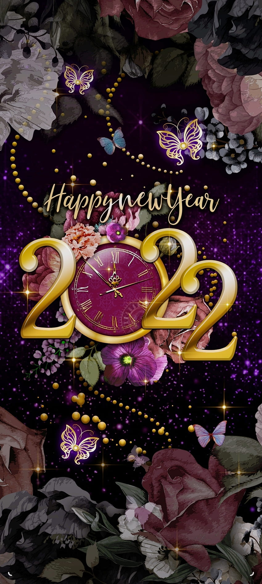 Happy NewYear 2022, beautiful, magenta, pink, butterfly, patterns, luxury, purple, clock, flower HD phone wallpaper