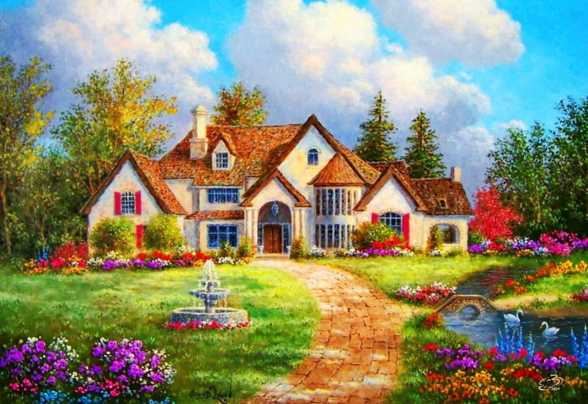 Cabaña cerca del arroyo, flores, césped, casa, pintura, jardín, árboles. fondo de pantalla