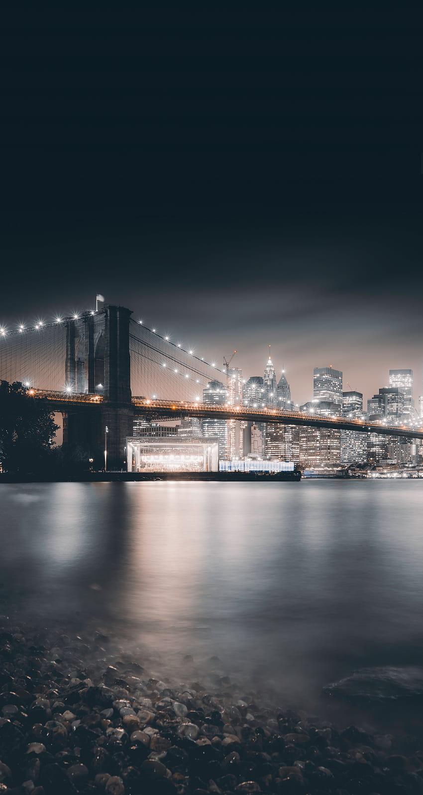 Brooklyn Bridge, night, city, buildings, architecture HD phone wallpaper