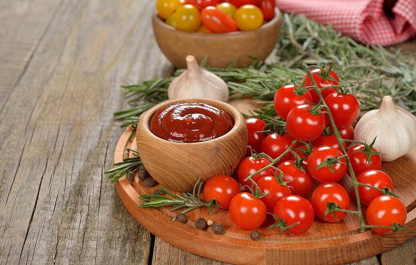 Lebensmittel, Gemüse, Tomaten, Gewürze, Knoblauch, Kirschen, Rosmarin, Tomaten, Ketchup für , Abschnitt еда, Tomatensauce HD-Hintergrundbild