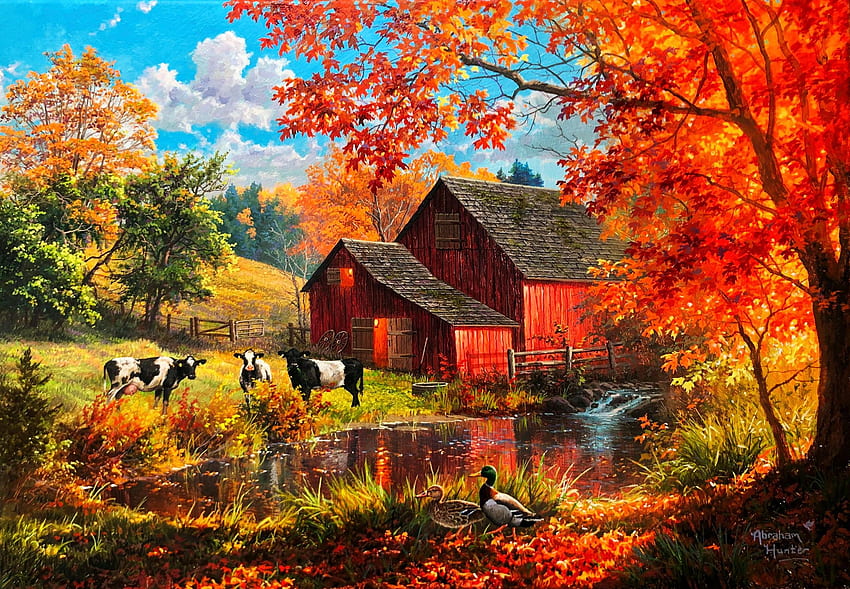 農場での生活、アートワーク、アヒル、納屋、小川、牛、絵画、木、秋 高画質の壁紙