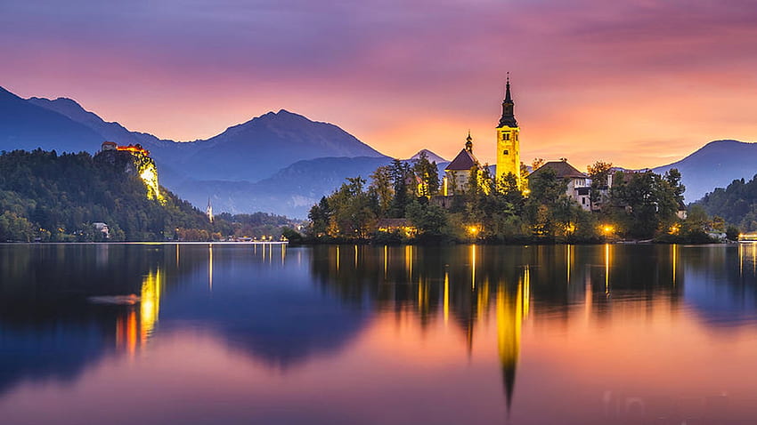 Lake Bled at sunset, island, colors, sky, church, mountains, water, Slovenia, reflections HD wallpaper