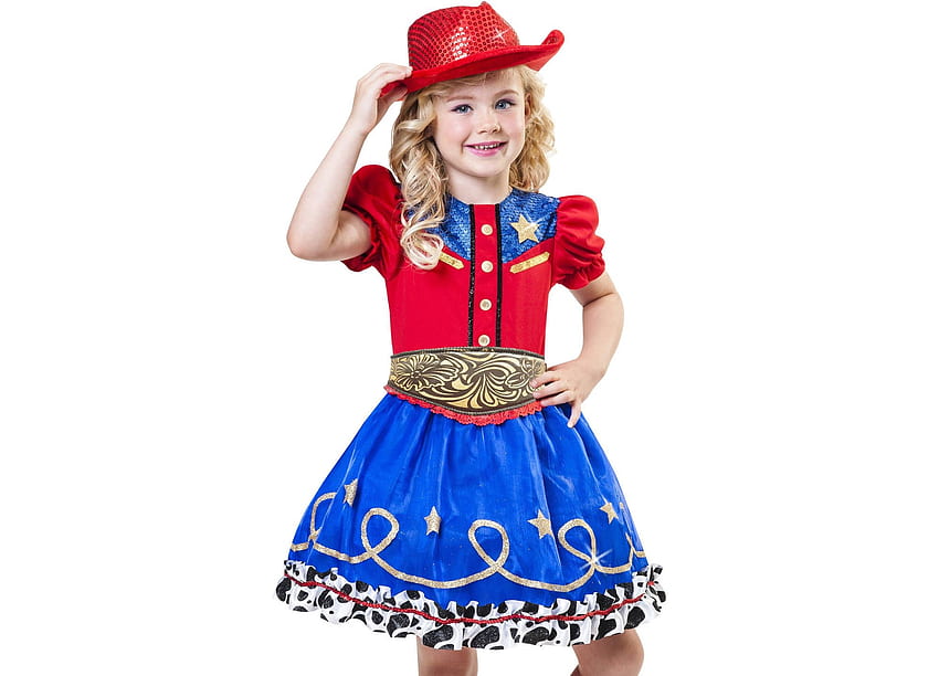 Küçük kovboy kız, mavi, cadılar bayramı, kovboy kız, kostüm, kırmızı, kız, copil, şapka, çocuk HD duvar kağıdı