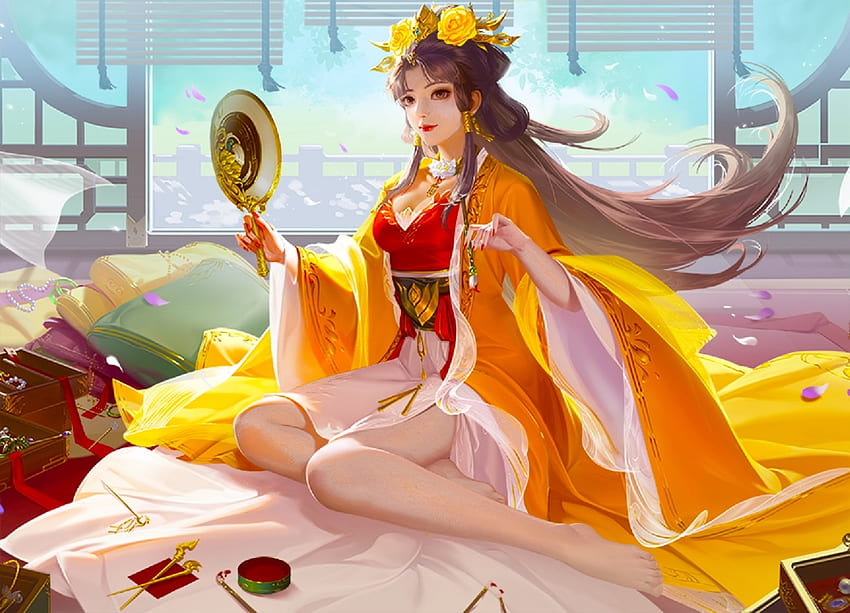Mirror Mirror, yellow, girl, woman, veils, asian, art, , digital, pretty, fantasy, pirror HD wallpaper