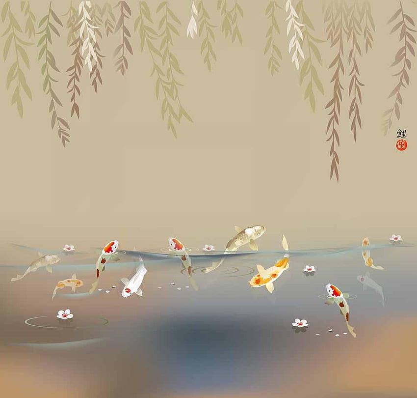 Japon Koi Balığı Yüzme Gölet Su Oryantal Mural Brokers HD duvar kağıdı