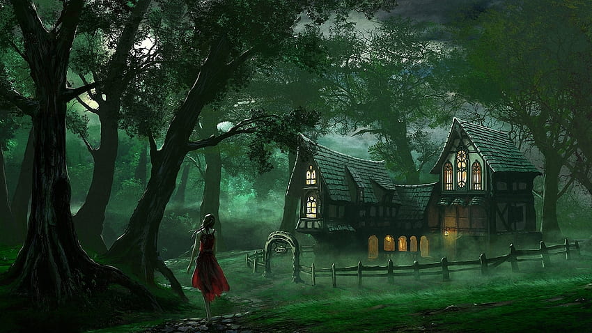 Welcome to the fairytale cottage, Gayatri!!, night, woods, path, girl, lights, fence, trees, cottage, forest, evening HD wallpaper