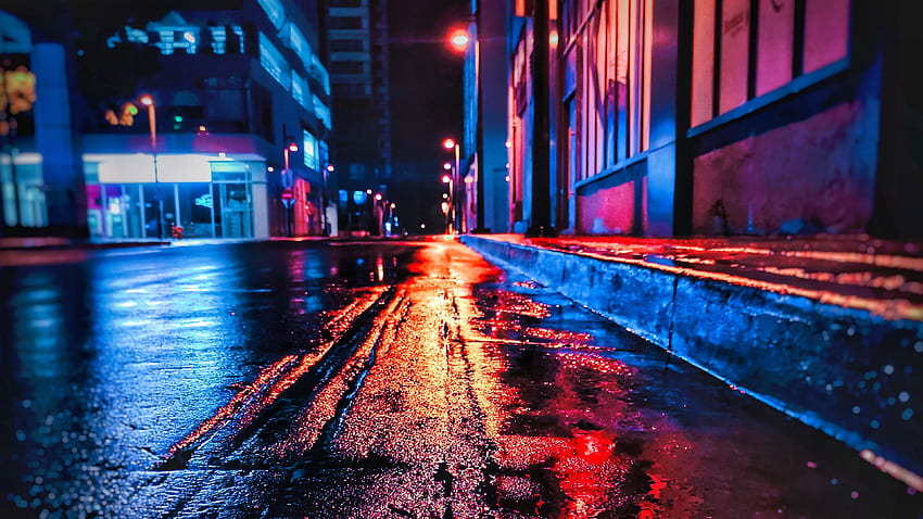 / улица, нощ, мокро, неон, град, , Неонов дъжд HD тапет