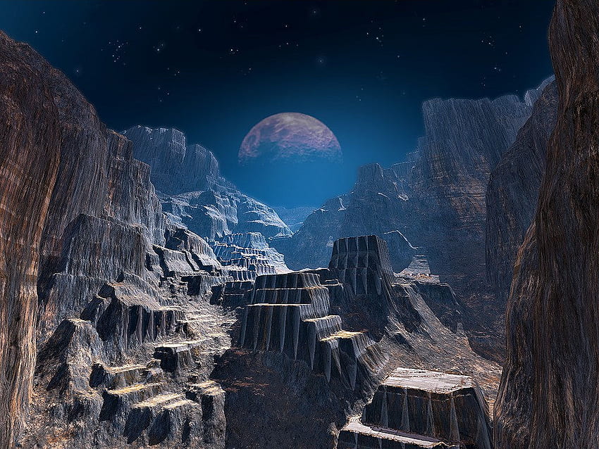 canyon alieno, stelle, foschia blu, luna, formazioni rocciose Sfondo HD