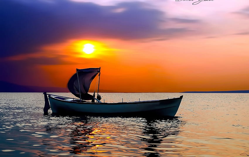 Boat Drifting on the Water, sea, boat, drifting, clouds, nature, sunset HD wallpaper