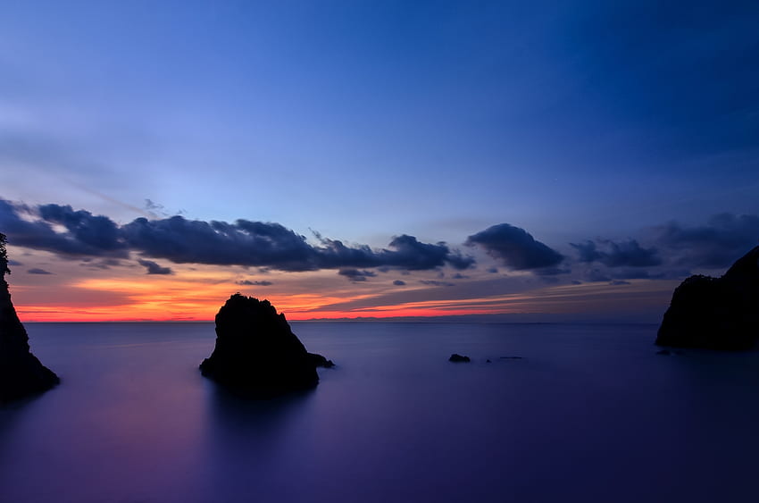 ธรรมชาติ พระอาทิตย์ตก ท้องฟ้า เมฆ หิน ชายฝั่ง ธนาคาร มหาสมุทร ตอนเย็น ญี่ปุ่น เกาะ ความสงบ จังหวัดชิซูโอกะ วอลล์เปเปอร์ HD