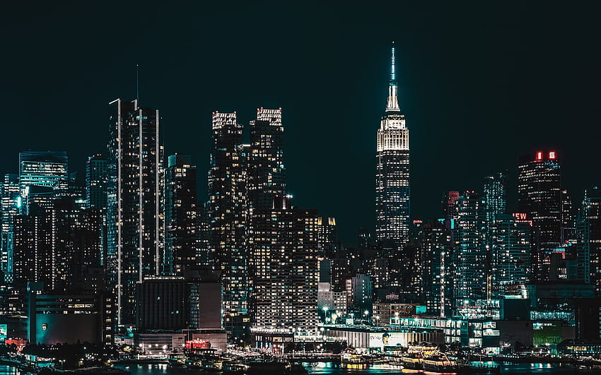 New York City , Cityscape, Night, City lights, Half moon, Starry sky, World, City Night Skyline HD wallpaper