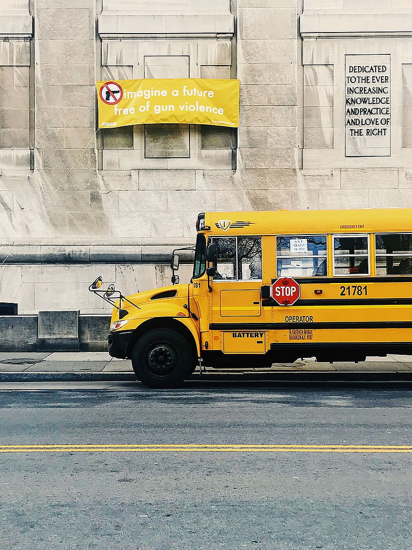 : 노란 통학버스, 회색길의 노란버스, 버스 HD 전화 배경 화면