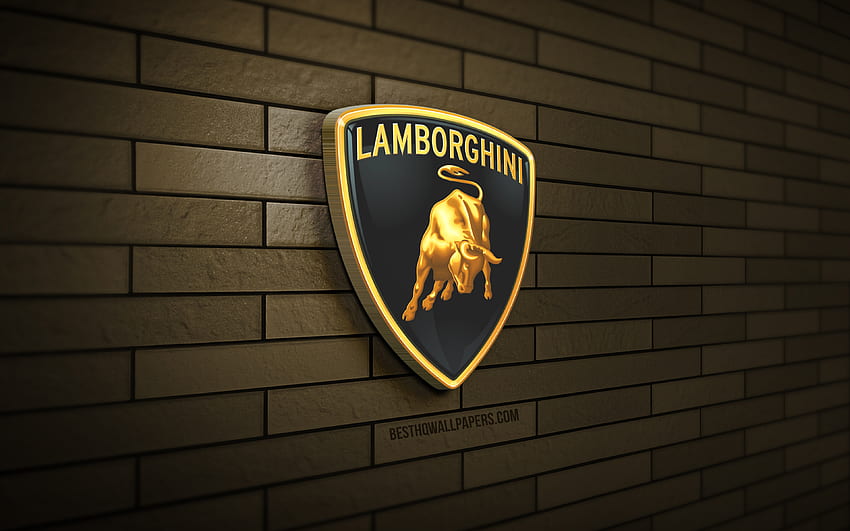 3D лого на Lamborghini, , кафява тухлена стена, творчески, марки автомобили, лого на Lamborghini, 3D изкуство, Lamborghini HD тапет