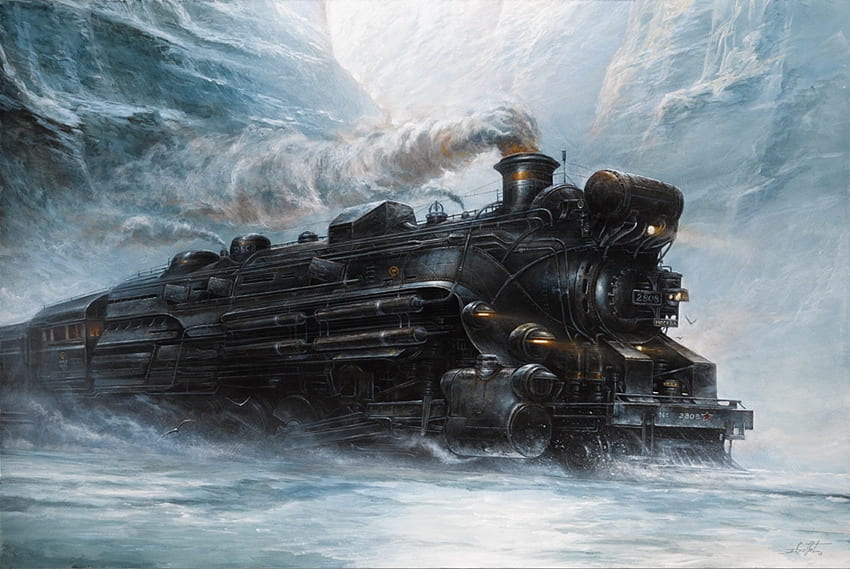Transsibérien, steampunk, lune, art, neige, locomotive, vapeur Fond d'écran HD
