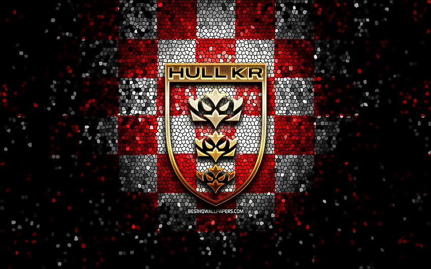 Hull Kingston Rovers, glitter logo, SLE, red white checkered background, rugby, english rugby club, Hull Kingston Rovers logo, mosaic art HD wallpaper