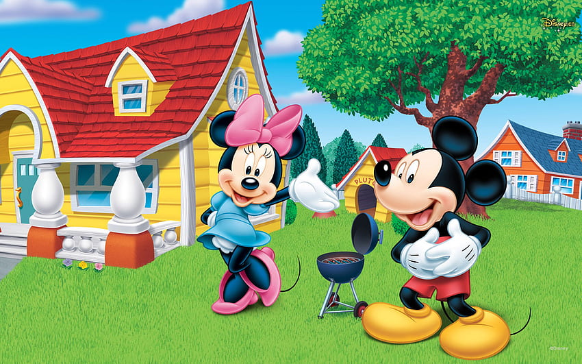 Dibujos animados de parrilla de casa de madera de Mickey Mouse y Minnie de Disney fondo de pantalla