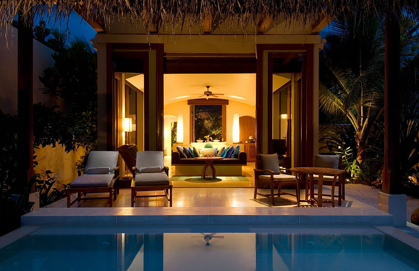 Luxury Beach Villa at Night, island, night, tropical, beach, islands, ocean, sunset, swimming, luxury, exotic, paradise, villa, retreat, south pacific, hut, pool, resort, evening, polynesia HD wallpaper