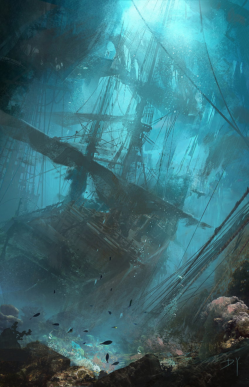 Sunken, sky, aqua, pirate, ship HD phone wallpaper
