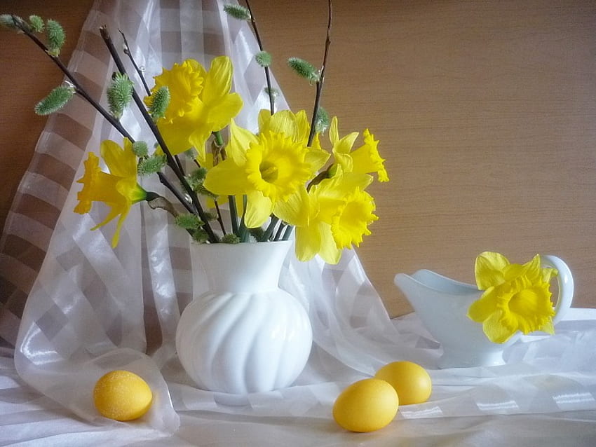 Цветя, натюрморт, бяло, графика, жълто, ваза, природа, яйца HD тапет