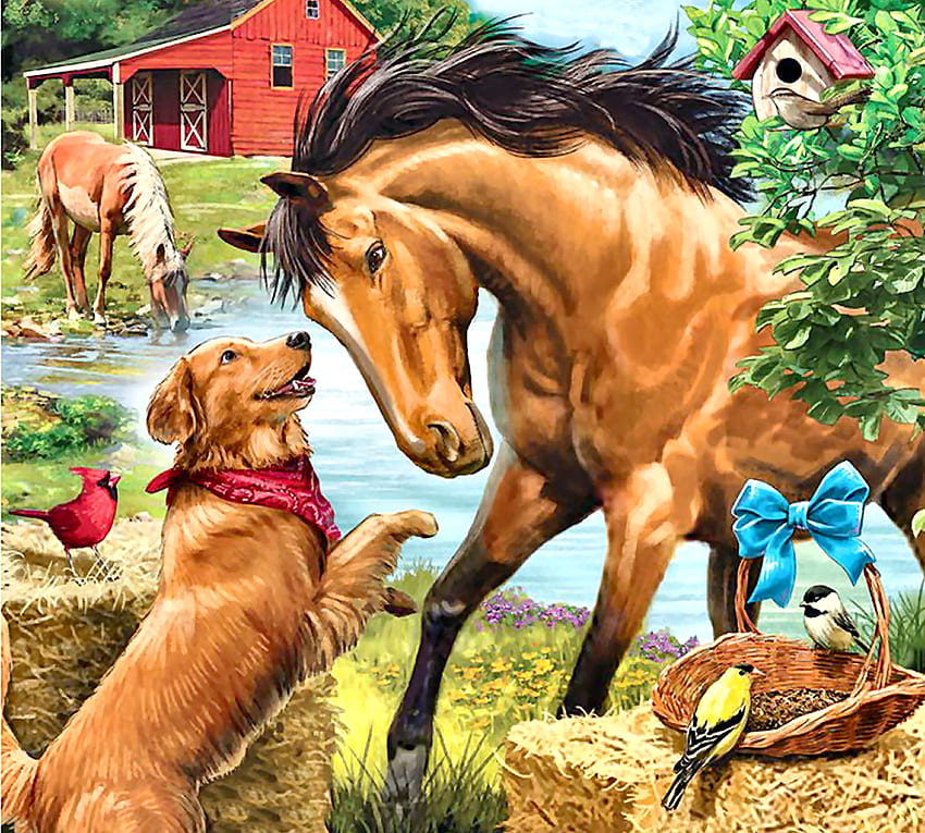 Horse Play F, animal, horse, birds, dogs, painting, equine, goldfinch, cardinal, songbirds, chickadee, art, beautiful, illustration, artwork, wide screen, pets, canine HD wallpaper
