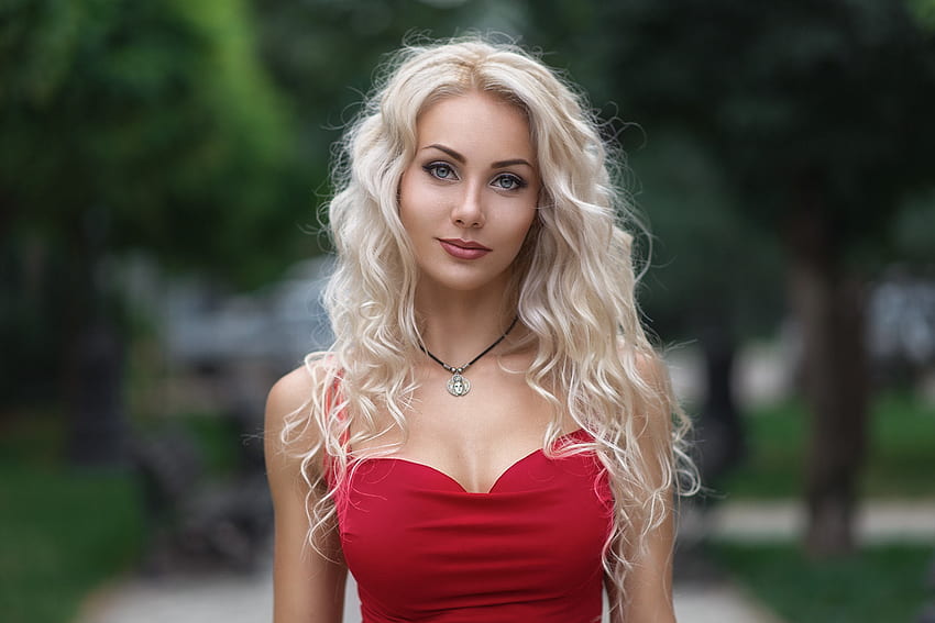 Red dress, blue eyes, blonde, girl model HD wallpaper