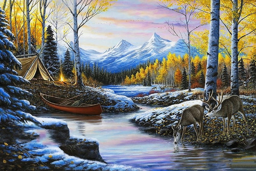 High-Country Love, winter, canoe, attractions in dreams, paintings, love four seasons, snow, deer, autumn, campfire, mountains, fall season, rivers HD wallpaper