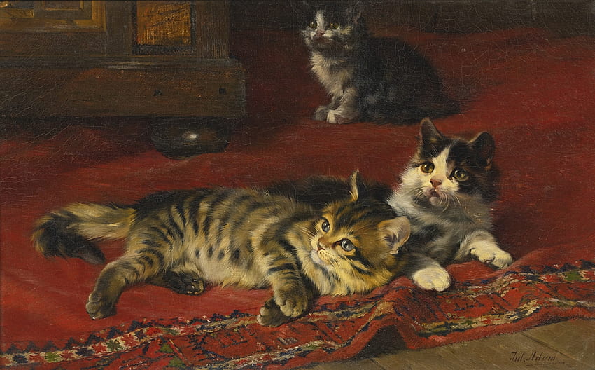 Kittens, pisica, kitten, painting, art, pictura, henriette ronner knip, red, cat HD wallpaper