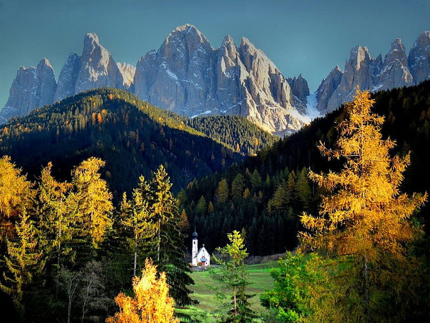 Under the dolomites, dolomites, beautiful, grass, church, rocks, nice, mountain, trees, autumn, nature, sky, lovely HD wallpaper