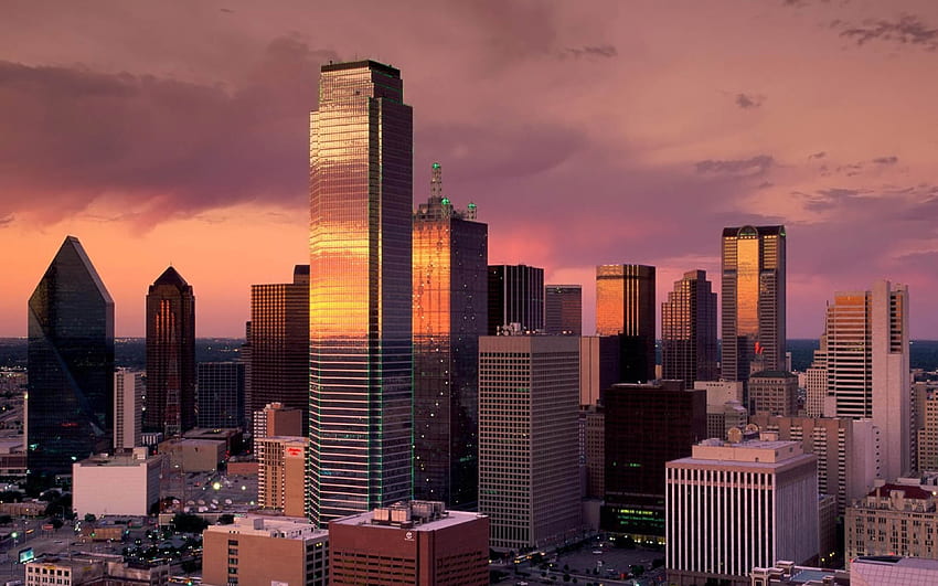 Dallas, , tramonto, Fort Worth, paesaggi urbani dell'orizzonte, edifici moderni, centro, USA, America, città americane Sfondo HD