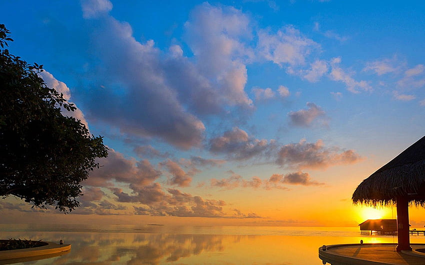 Sunset Over Water Bungalows โบราโบรา ตาฮิติ โปลินีเซีย วอลล์เปเปอร์ HD