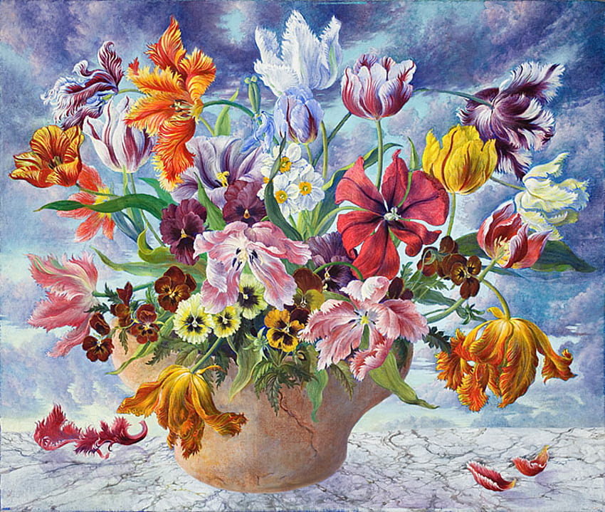 Rembrandt Tulips, จัดดอกไม้, วาด, กลีบดอกไม้, ดอกทิวลิป, กระถาง วอลล์เปเปอร์ HD