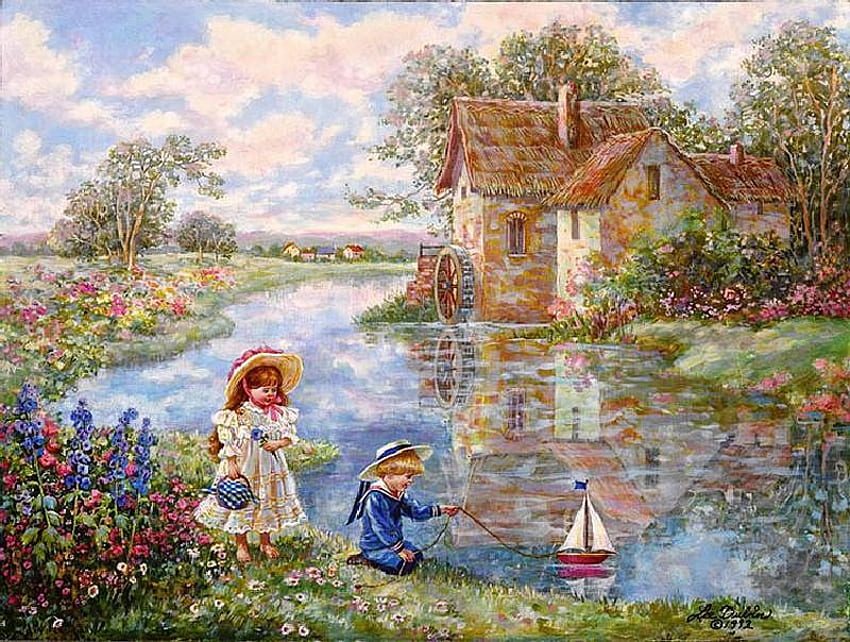 Barco de papel, río, barco, niños, pintura, arte, juego, árbol fondo de pantalla