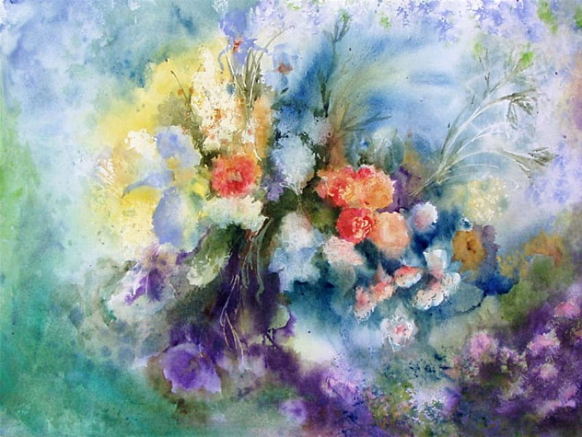 Flower Paintings, blue, purple, yellow, flowers, orange HD wallpaper
