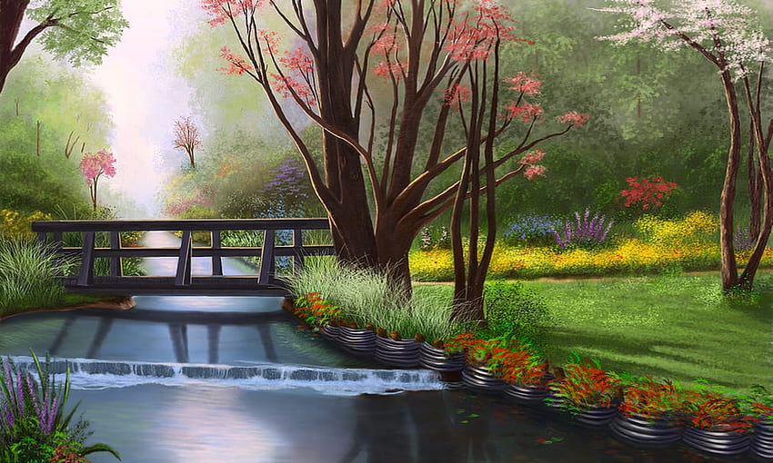 Пролетна сцена, разкош, дървета, успокояване, поляна, мост, цветя, пролет, вода, поток HD тапет